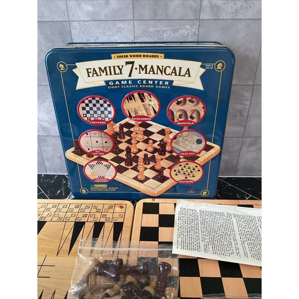 Family 7+ Mancala Game Center 8 Classic Board Games Solid Wood in Tin EUC